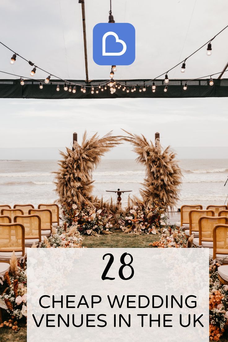 an outdoor ceremony setup with chairs and wreaths on the beach, text reads 28 cheap wedding venues in the uk