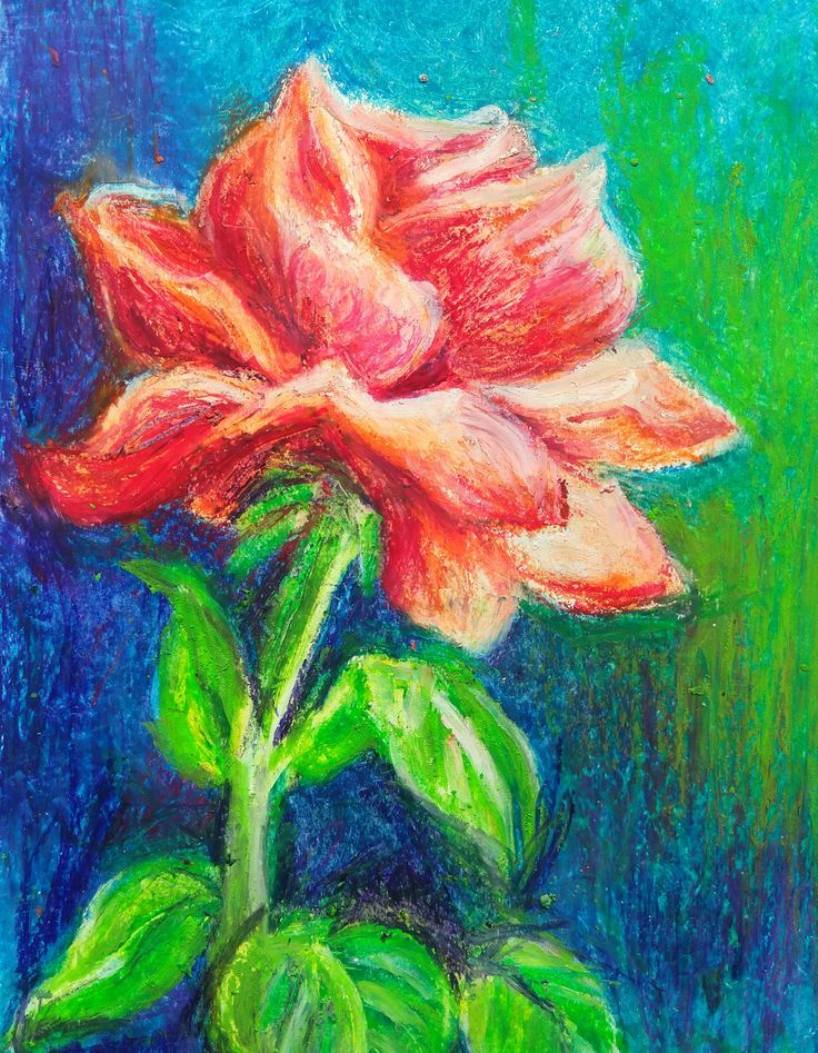 a pastel drawing of a pink flower on a blue background with green leaves in the foreground