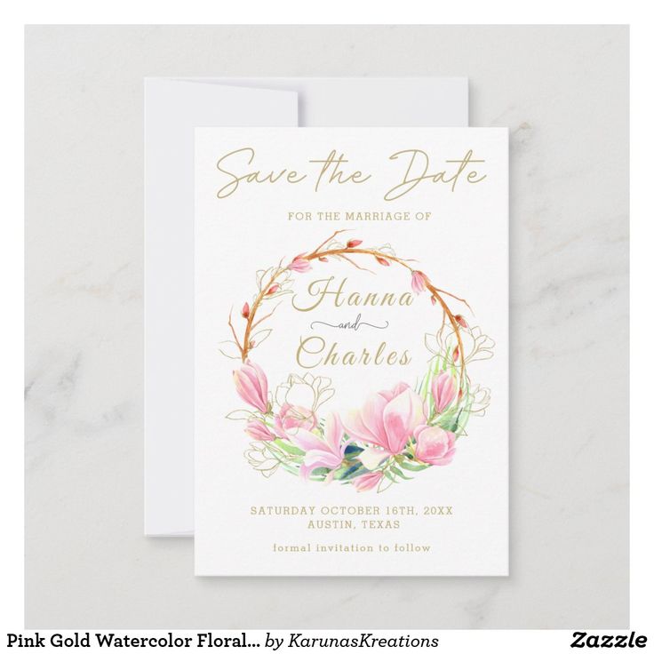 save the date card with pink flowers and greenery