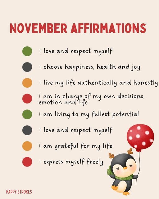 a penguin holding a red balloon with the words november affirmations written on it