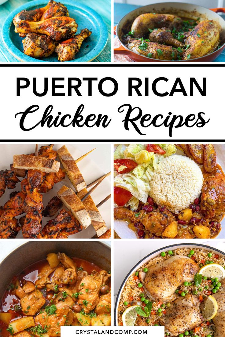 mexican chicken recipe collage with the words puerto rican chicken recipes in four different pictures