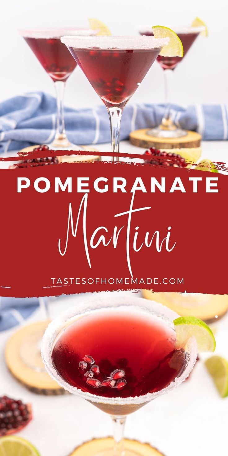 pomegranate martini in coupe glasses with garnishes and limes