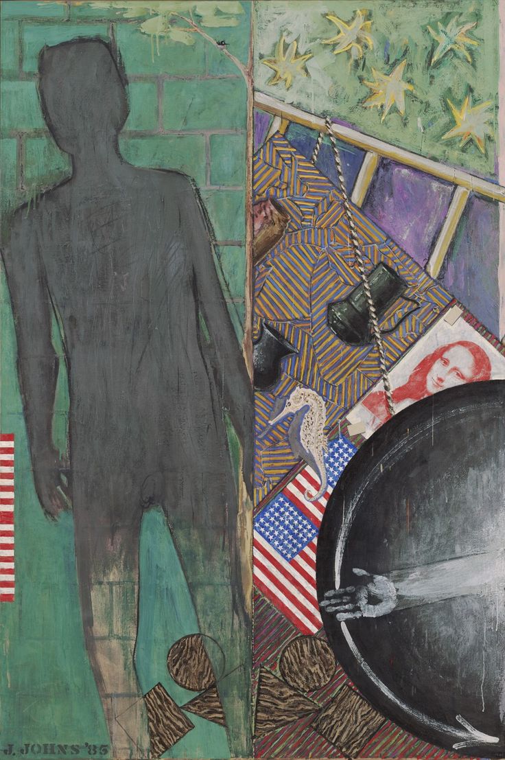 a painting of a man standing next to a wall with an american flag on it