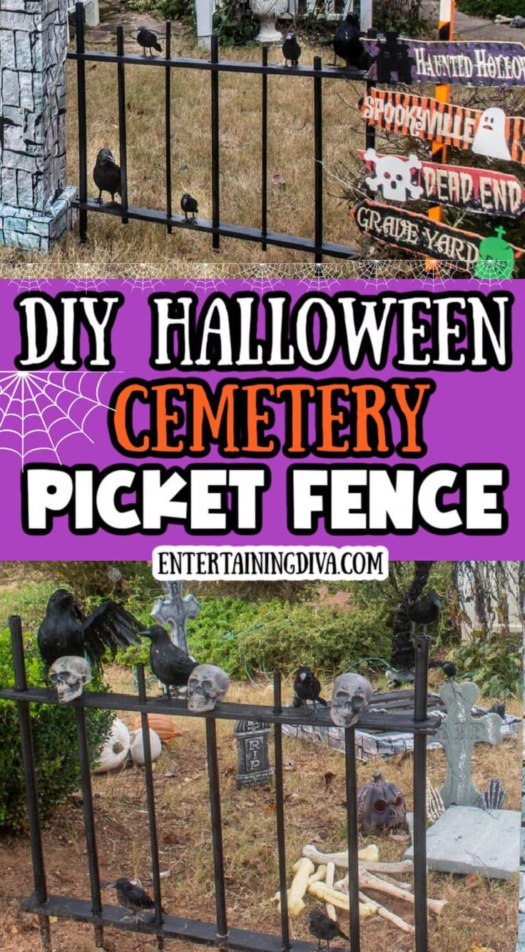 a cemetery fence decorated for halloween with black and purple decorations