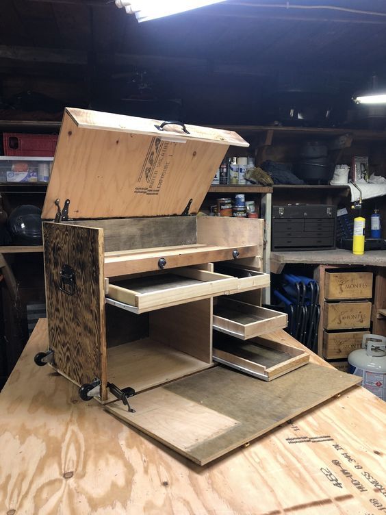 a workbench with drawers and tools in it