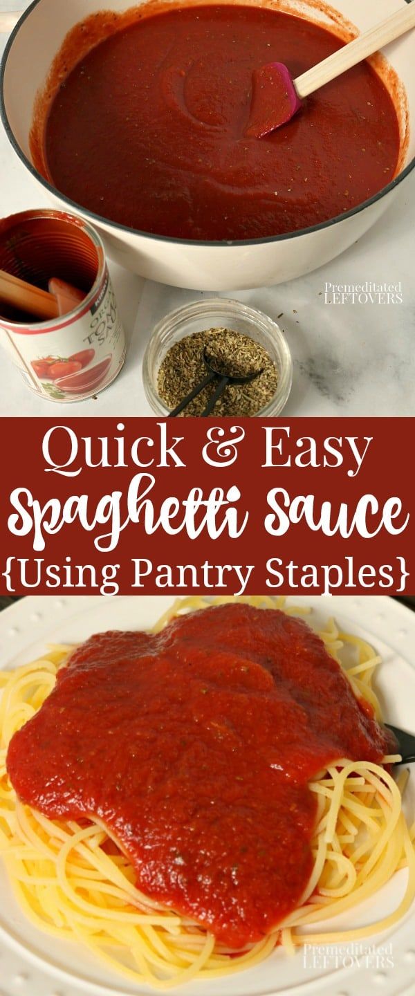 spaghetti and sauce in a pan on a white plate with the words quick & easy spaghetti sauce using pantry staples