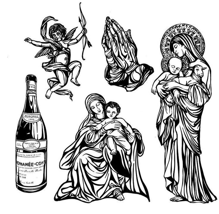 the virgin mary and jesus are depicted in this black and white drawing, with wine bottles