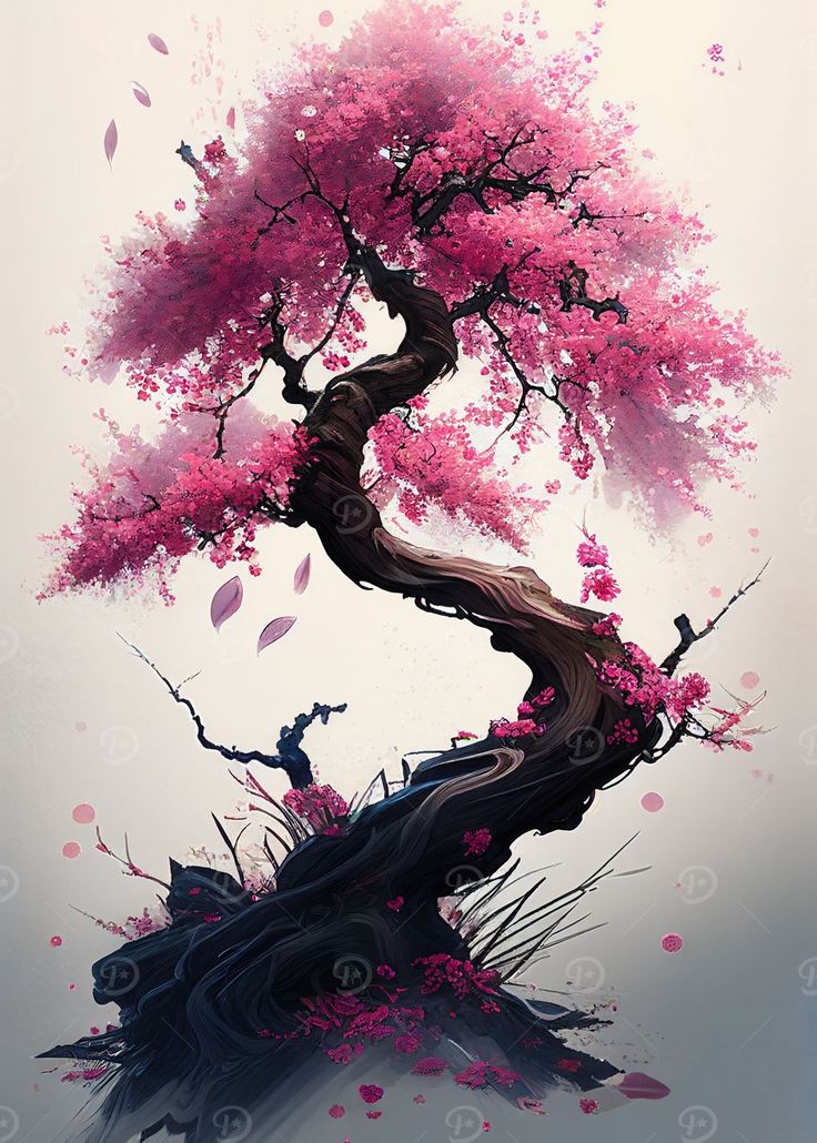 a painting of a tree with pink flowers on it