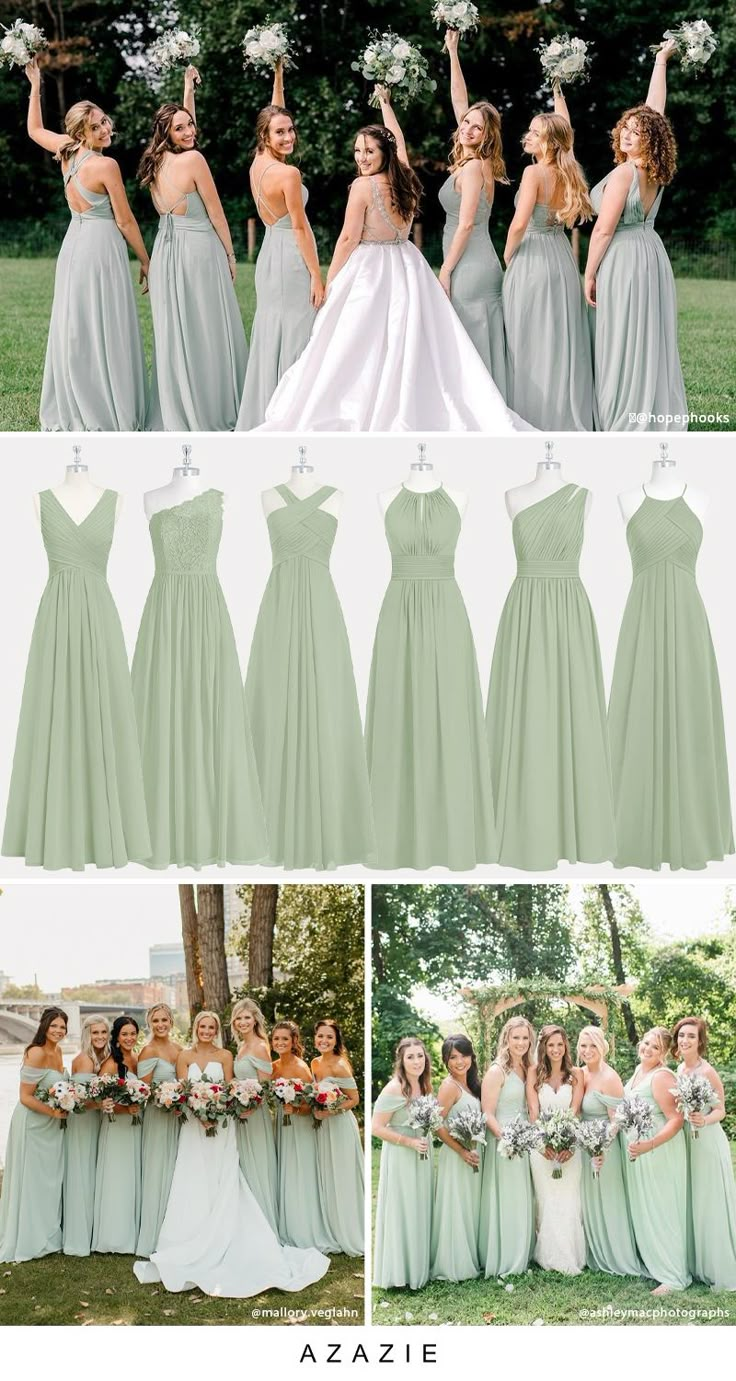 bridesmaid dresses and bouquets in mint green, with white flowers on them