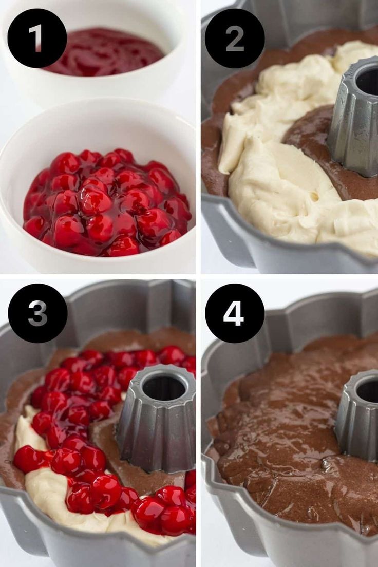 step by step instructions on how to make a chocolate cherry tart bundt cake