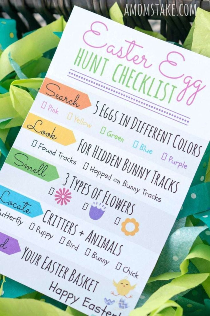 an easter egg hunt checklist is shown in front of some green leaves and flowers