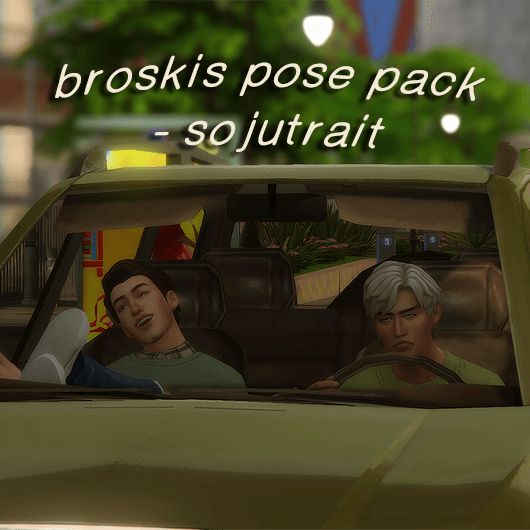 two people sitting in the passenger seat of a car with an advertisement above them that reads, broskis pose pack - soutratt