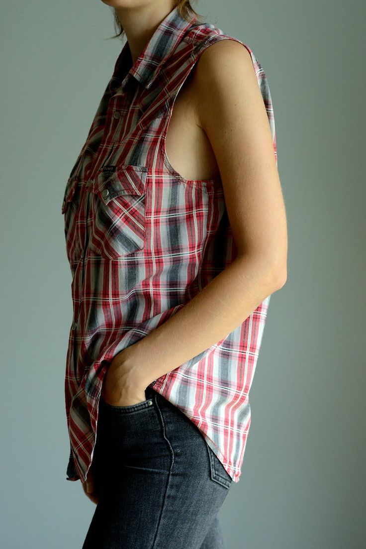 Diesel sleeveless shirt | Etsy Cotton Button-up Vest Top, Casual Plaid Sleeveless Vest, Red Relaxed Fit Sleeveless Top, Red Sleeveless Top With Relaxed Fit, Red Sleeveless Relaxed Fit Top, Casual Plaid Sleeveless Tank Top, Fitted Plaid Top With Pockets, Relaxed Fit Sleeveless Top With Pockets, Plaid Cotton Sleeveless Tank Top