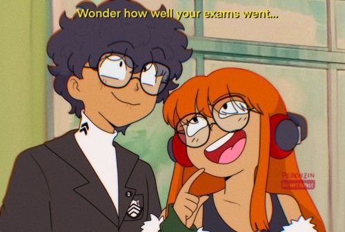 an animated image of a man and woman with red hair wearing glasses, standing next to each other