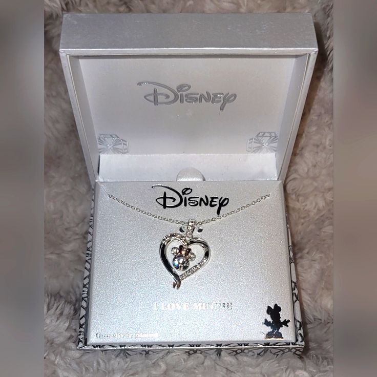 Disney "I Love Minnie" Silver Necklace Themed Silver Jewelry For Disney Fan Events, Disney Style Sterling Silver Jewelry Gift, Disney Silver Jewelry For Anniversary, Disney Heart Shaped Jewelry Gift, Disney Heart-shaped Jewelry Gift, Disney Style Jewelry For Mother's Day Gift, Disney Jewelry For Mother's Day Gift, Disney Style Jewelry For Valentine's Day Gift, Disney Jewelry For Valentine's Day Gift