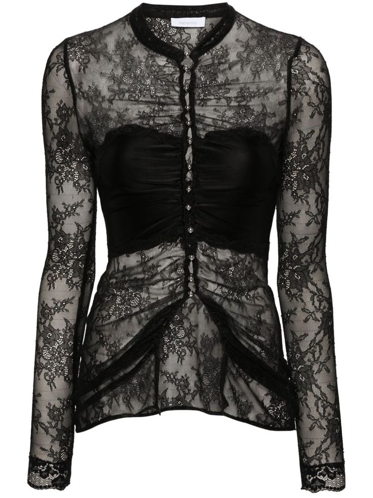 black lace overlay semi-sheer construction V-neck long sleeves buttoned cuffs front buckle fastening Black Sheer Blouse, Fashion Illustration Dresses, Lace Cutout, Versace Outfit, City Dress, Lace Long Sleeve, Black Long Sleeve Top, Paco Rabanne, Blouse Black