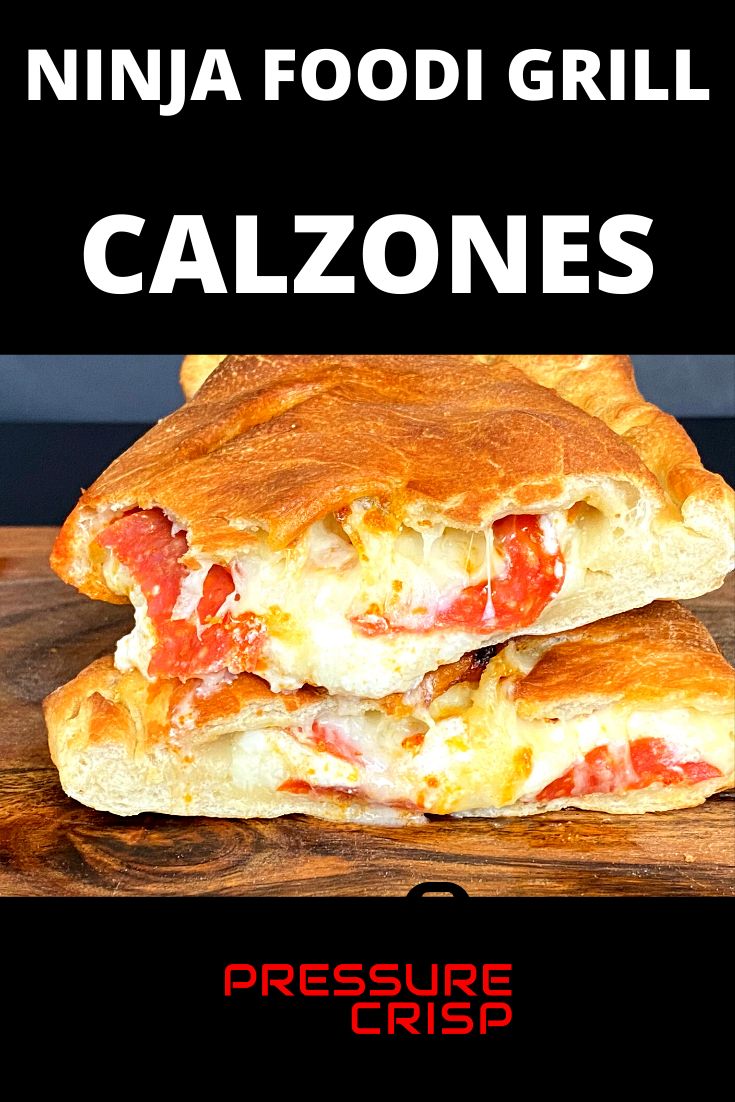 two grilled pizzas stacked on top of each other with the words, ninja foodi grill calzonees