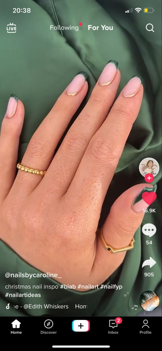 Forest Green Prom Nails, Green And Gold French Tip Nails, Green Nails Almond Shape, Simple Prom Nails, Nails Hoco, Nails Subtle, Neutral Nails Acrylic, Nails Funky, Oval Nails Designs