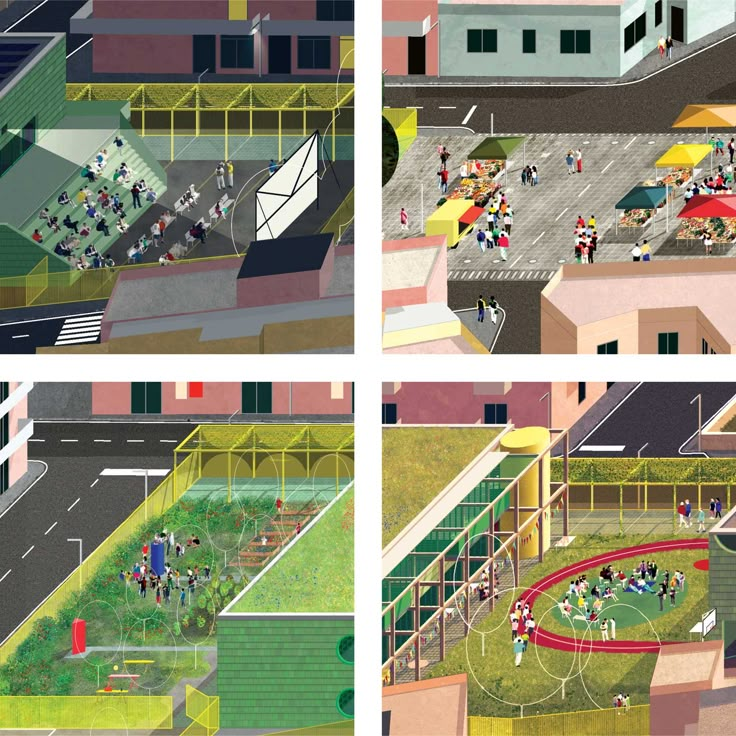 four different views of people walking and playing in an urban area with green roofing