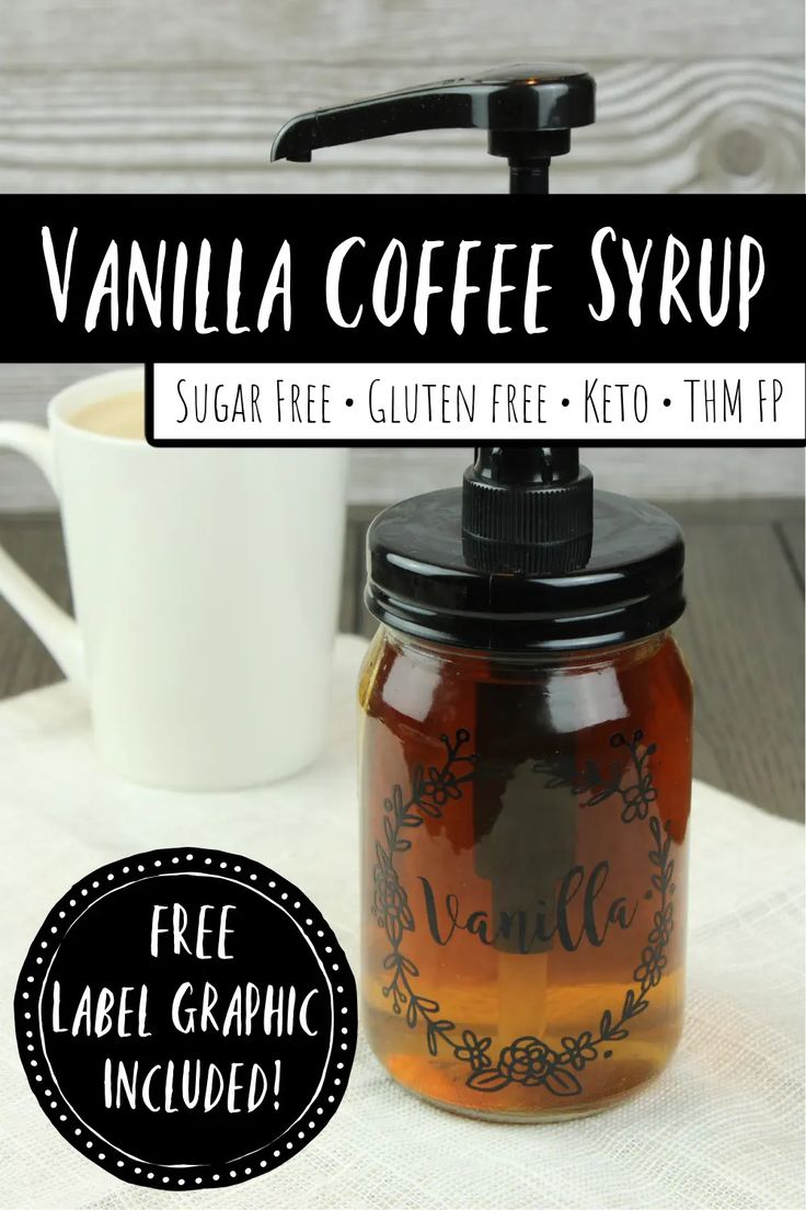 vanilla coffee syrup in a glass jar next to a cup