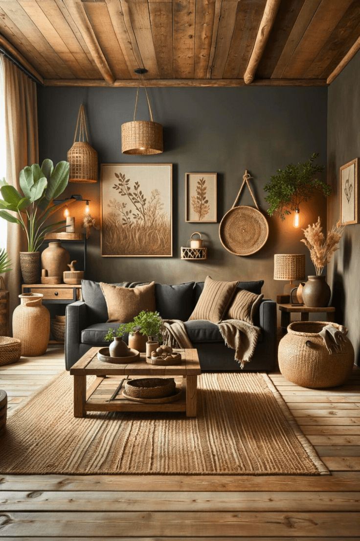 a living room filled with furniture and pictures on the wall next to a wooden floor