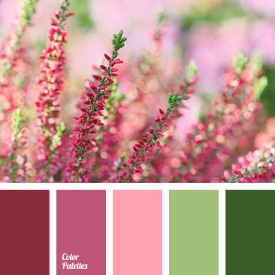 the color scheme is pink, green and purple with some red flowers in the background