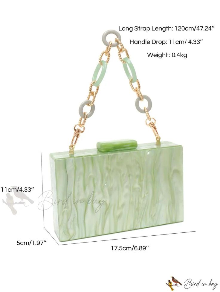 Bird in Bag - Acrylic Box Bag with Metal Accents Green Box Bag With Gold-tone Hardware For Everyday Use, Elegant Green Bags With Silver-tone Hardware, Green Box Bag With Detachable Handle For On-the-go, Green Box Bag With Gold-tone Hardware For Evening, Luxury Green Bag With Silver-tone Hardware, Chain Top, Box Bag, Acrylic Box, Square Bag