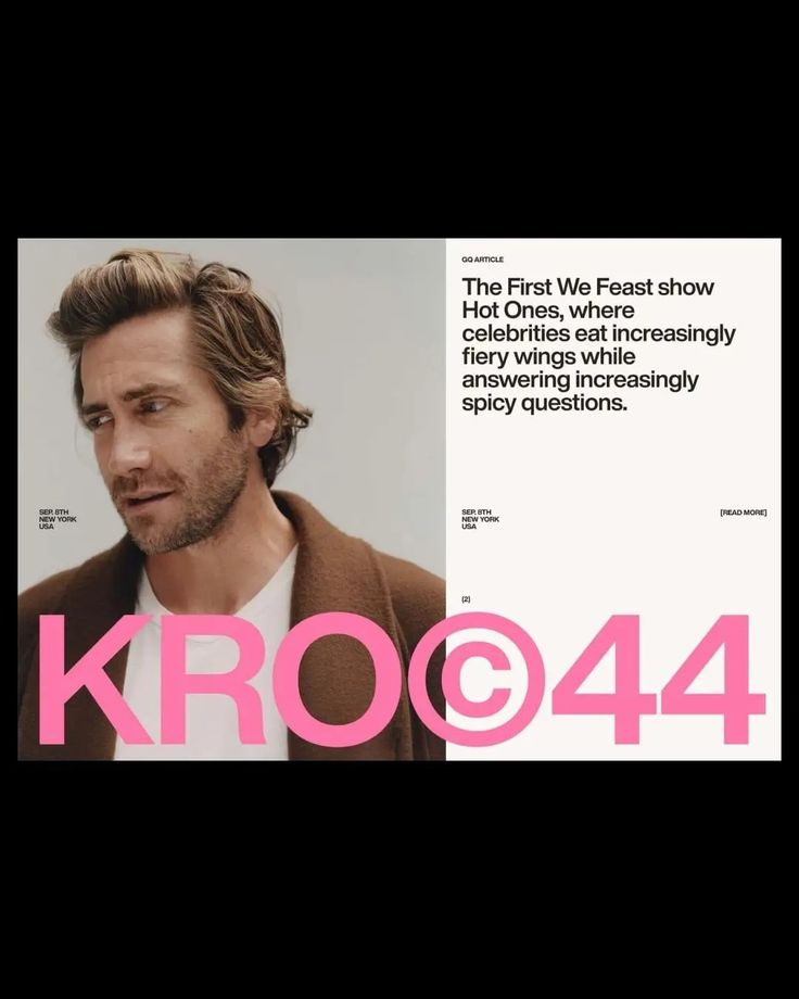 a man in a brown jacket and white t - shirt next to a pink poster with the words kroq04 on it