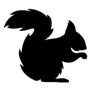 a black and white silhouette of a squirrel sitting on its hind legs with the tail up