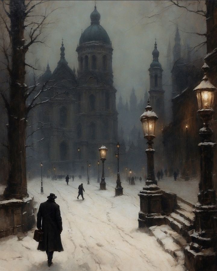 a painting of a man walking down a snowy street in front of a building with tall spires