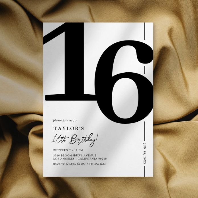 a black and white number sixteen birthday party card on a gold satin background with the word, taylor's 10th birthday