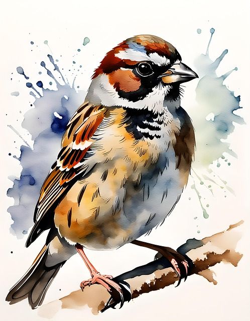 a watercolor painting of a bird sitting on a branch with paint splatters in the background