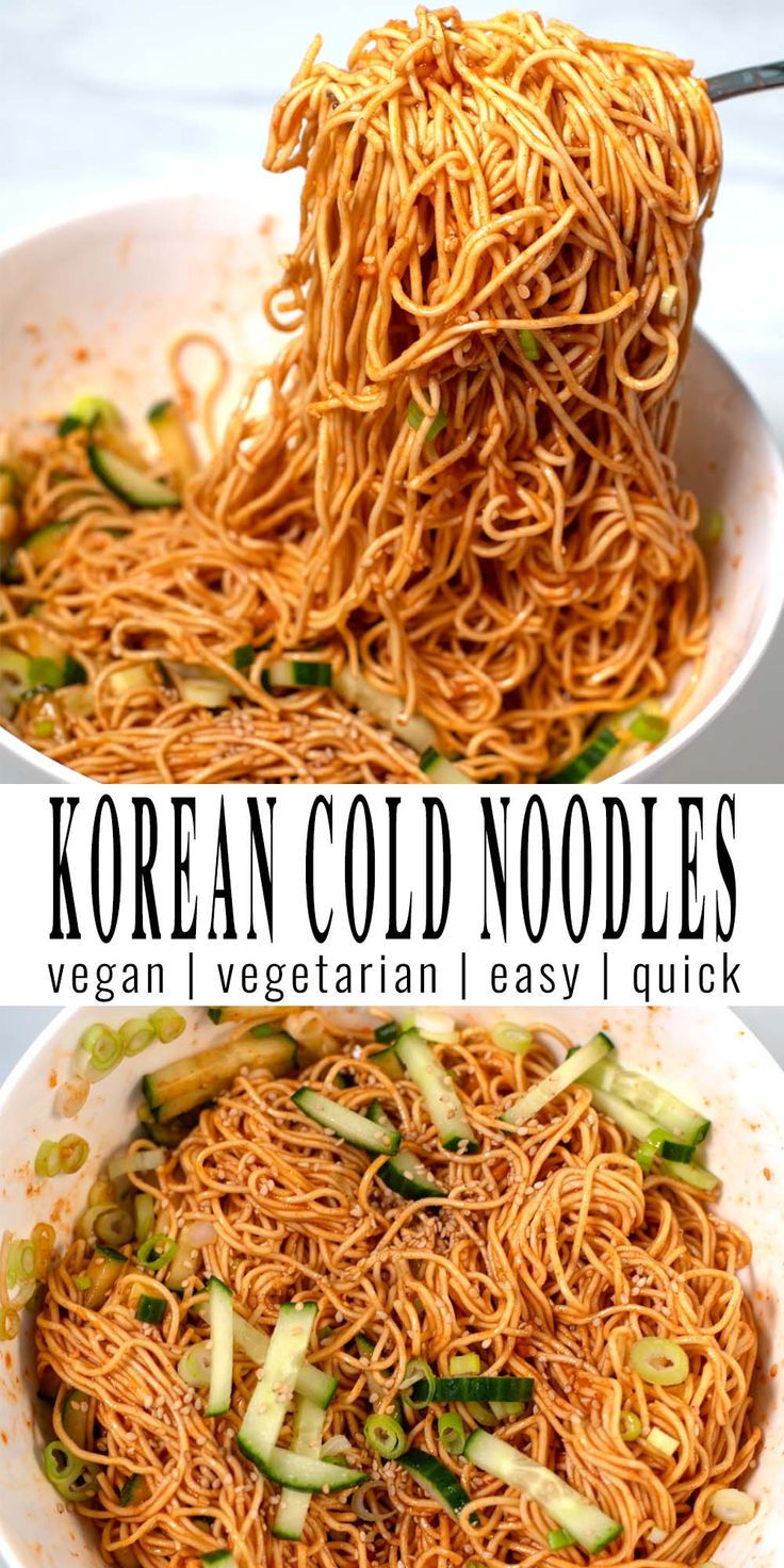 korean cold noodles with vegetables in a white bowl and the words, korean cold noodles