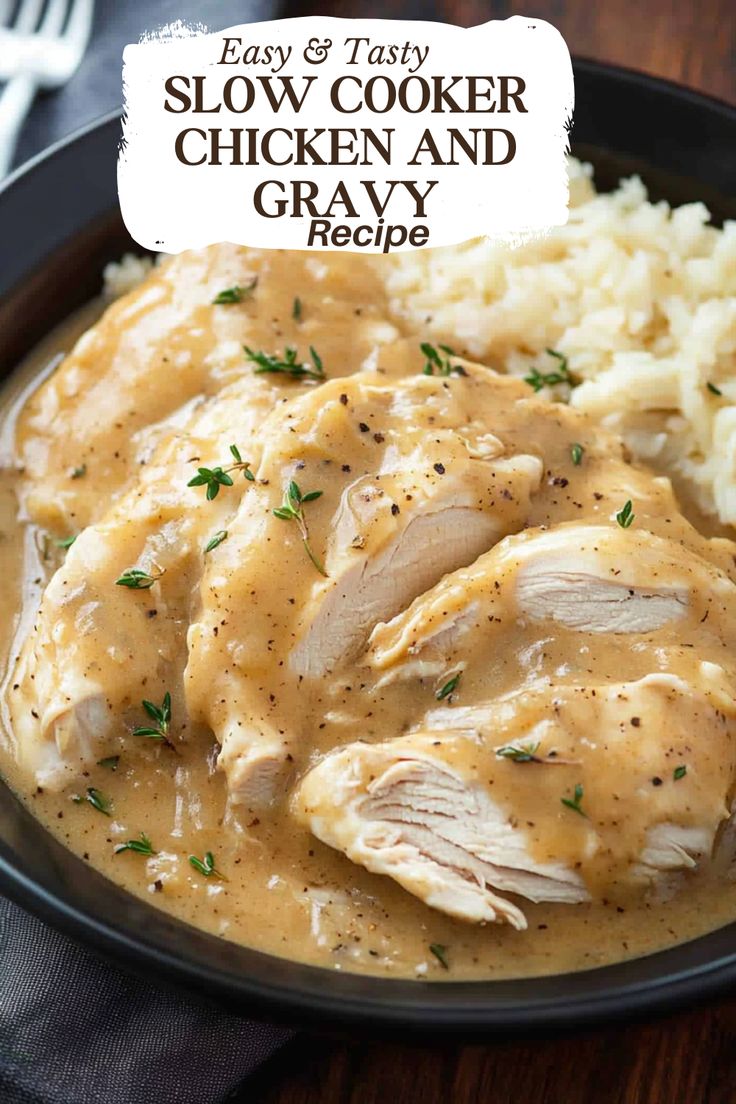 chicken and gravy is served on a plate with mashed potatoes, garnished with parsley