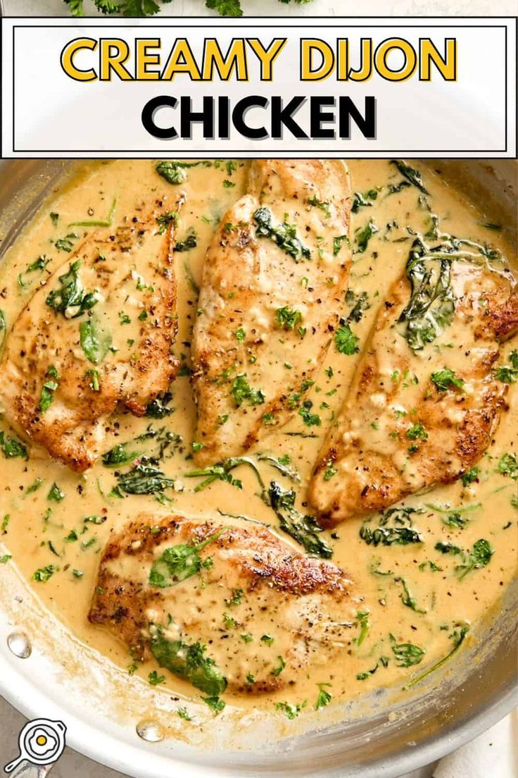 chicken in creamy cream sauce with spinach and parmesan cheese on the side