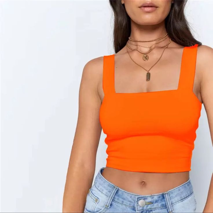 Square Neck Sleeveless Crop Top Orange Crop Top Blanco, Crop Top Styles, Top Azul, Summer Crop Top, Backless Tank Top, Colorful Crop Tops, Summer Basics, Crop Top Casual, Mode Casual