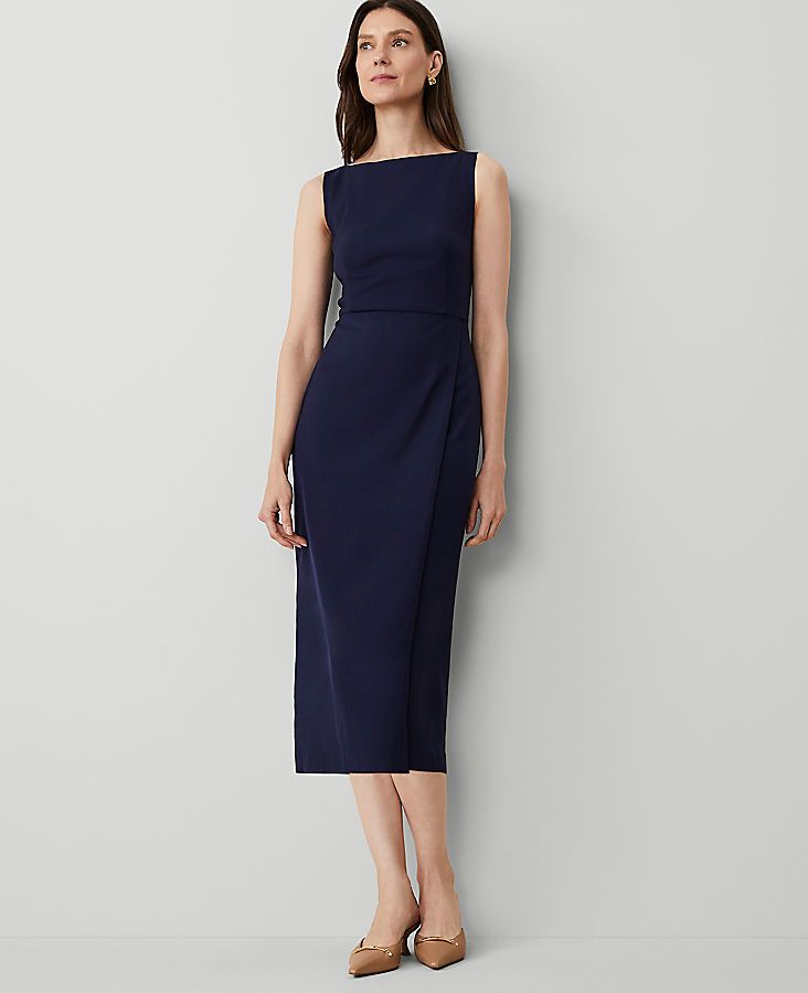 Elevate your wardrobe with the timeless elegance of Ann Taylor's Boatneck Wrap Sheath Dress. This sophisticated piece is designed to offer both style and comfort, making it a must-have for any fashion-conscious woman.

- **Size:** 0 (Regular fit)
- **Color:** Navy
- **Material:** 73% Polyester, 24% Rayon, 3% Spandex
- **Gender:** Female
- **Neckline:** Boatneck
- **Sleeve Type:** Sleeveless
- **Length:** 29 inches from natural waist; hits below the knee
- **Closure:** Hidden back zipper with hoo Navy Suit Dress Women, Womens Business Dress, Business Formal Women Dress, Petite Office Outfits, Stylish Work Attire Business Casual, Professional Dress Women, Dresses For Work Offices, Structured Clothing, Navy Dress Outfit