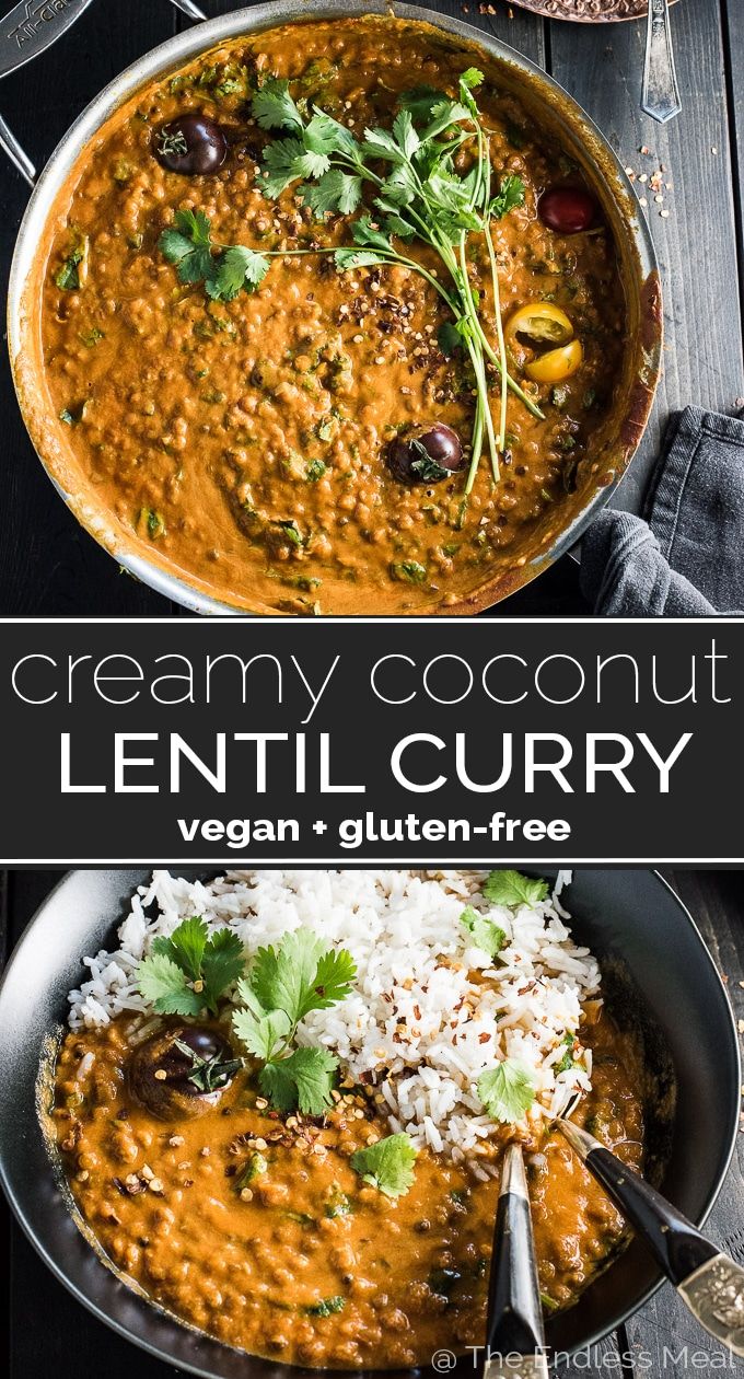 creamy coconut lentil curry in a pan with rice and cilantro