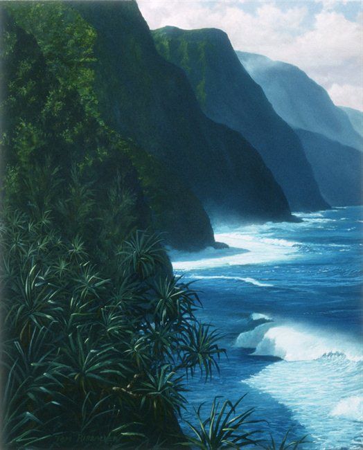 an oil painting of the ocean with mountains in the background