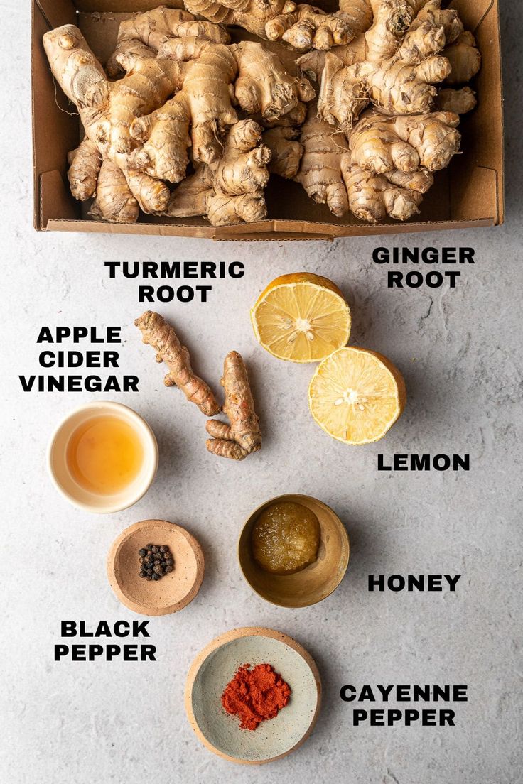 the ingredients for ginger root tea laid out on a table with their names and description