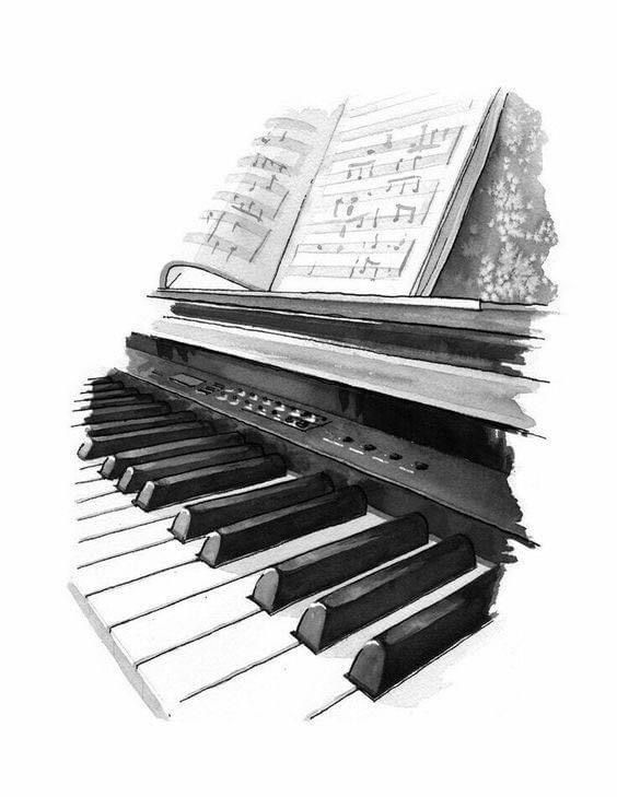 a drawing of an old piano with music notes on it's keyboard and the keys are black and white