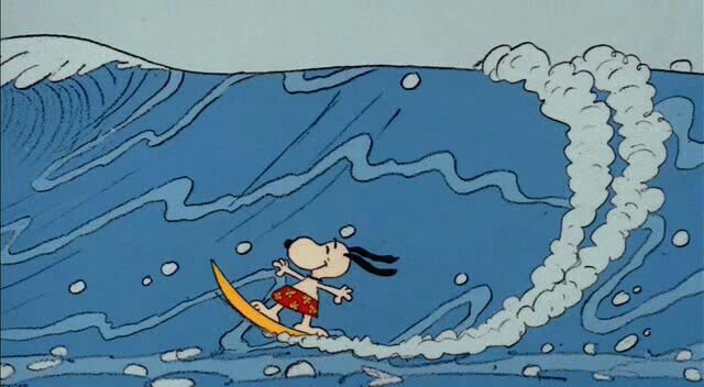 a cartoon character riding on top of a surfboard in the ocean with waves behind her