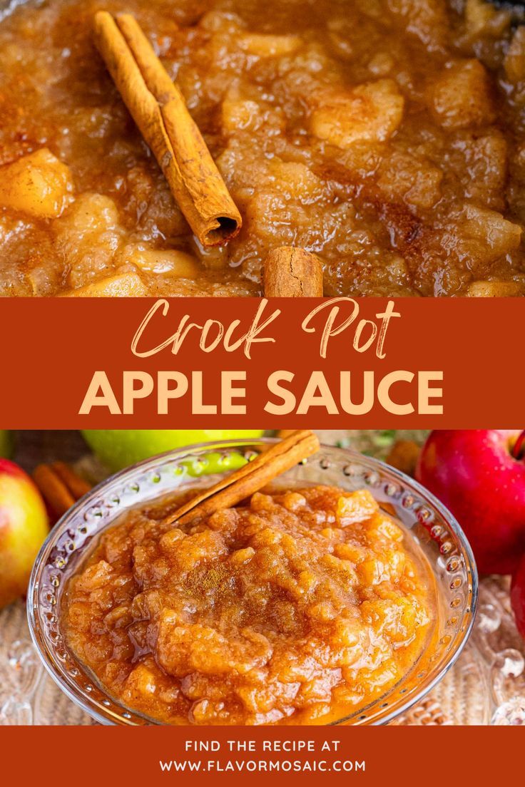 crock pot apple sauce in a glass bowl with cinnamon sticks and apples around it