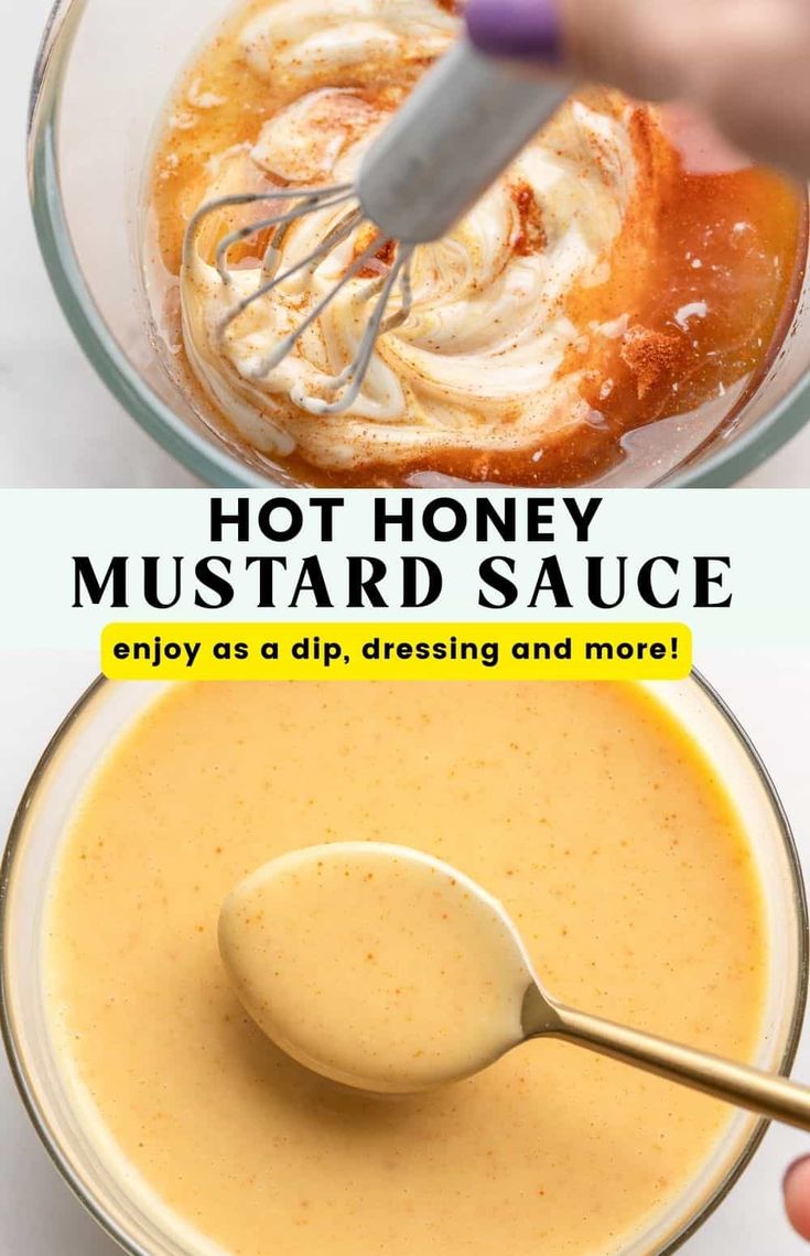 there are two pictures with the words hot honey and mustard sauce in each one,