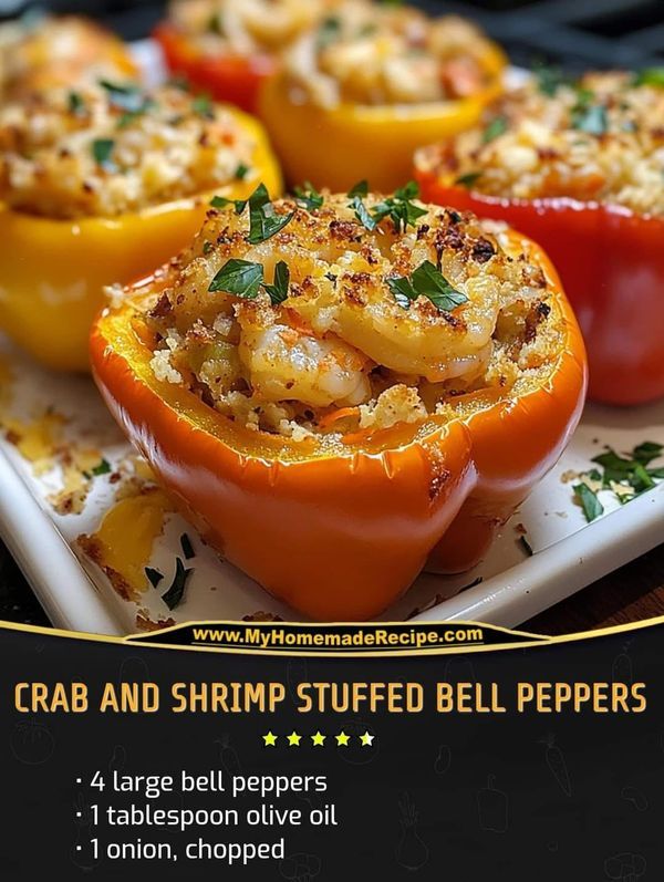 several stuffed bell peppers on a plate with the title crab and shrimp stuffed bell peppers