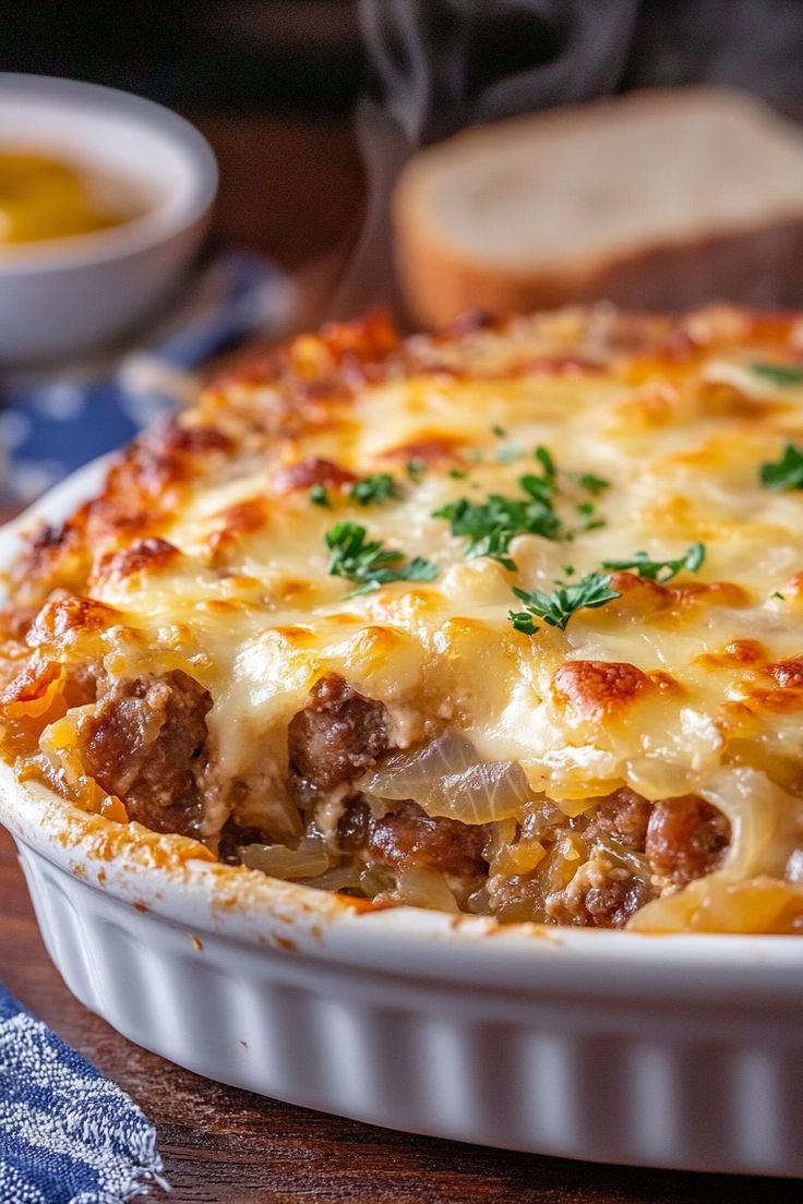 a casserole dish with meat and cheese