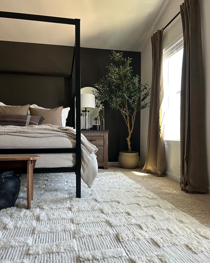 a bedroom with black walls and white carpeted flooring has a four poster bed