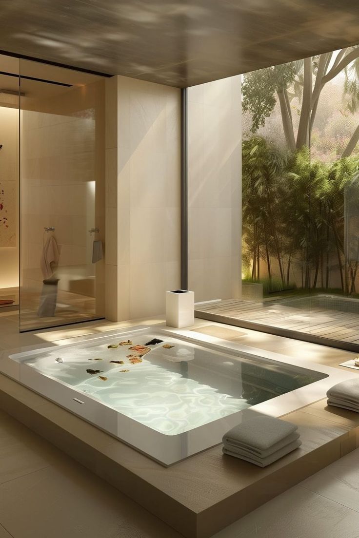 a bathroom with a jacuzzi tub next to a large glass door and trees outside