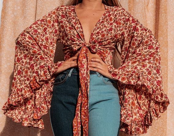 70s Style Tops Women, Boho Wrap Top, 70's Tops, 70s Tops Women, Bell Sleeve Top Outfit, Bell Sleeve Tie Top, Wrap Top Outfit, 70s Style Clothing, Bell Sleeve Wrap Top