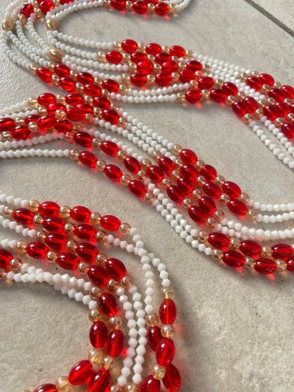 Red Double Strand Beaded Necklace With Faceted Beads, Red Double Strand Faceted Beaded Necklaces, Red Double Strand Faceted Beaded Necklace, White Beaded Waist Beads As A Gift, White Beaded Waist Beads As Gift, Red Double Strand Beaded Necklace With Polished Beads, Red Double Strand Beaded Necklaces, Red Double Strand Jewelry With Colorful Beads, White Waist Beads With Tiny Beads As A Gift